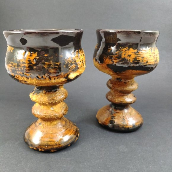 Laurentian Art Pottery Goblets Set of 2 Fat Lava VTG 6" Brutalist Rustic Chalice - Picture 1 of 10